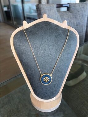 Tory Burch Gold and Blue Logo Disc Necklace